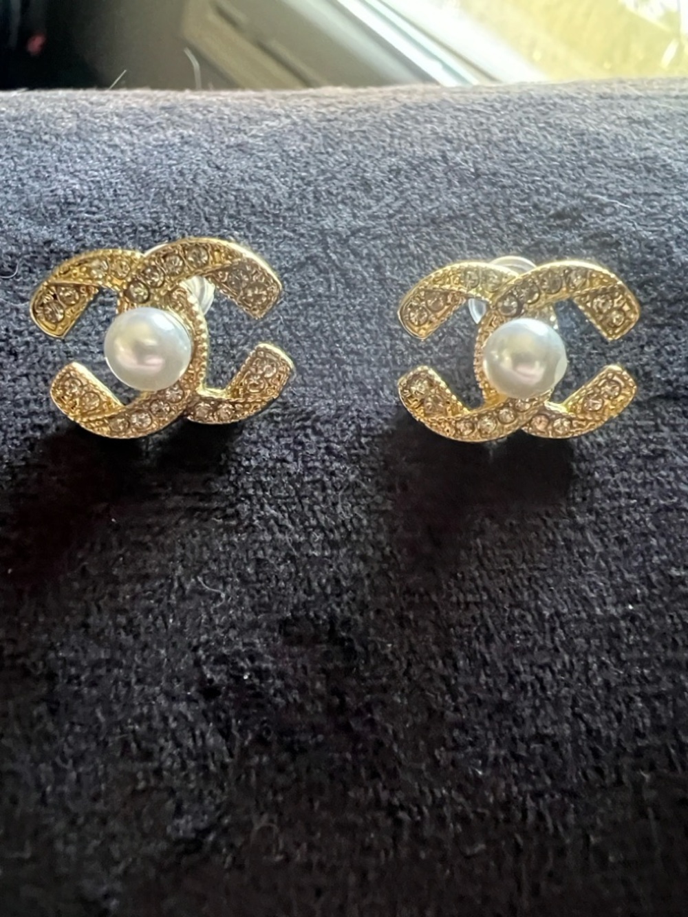 CHANEL Gold Crystal CC Pearl Center Stud Earrings